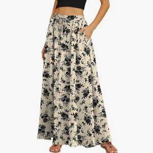 Pleated High Waisted Flowy Chiffon Maxi Skirt with Pockets